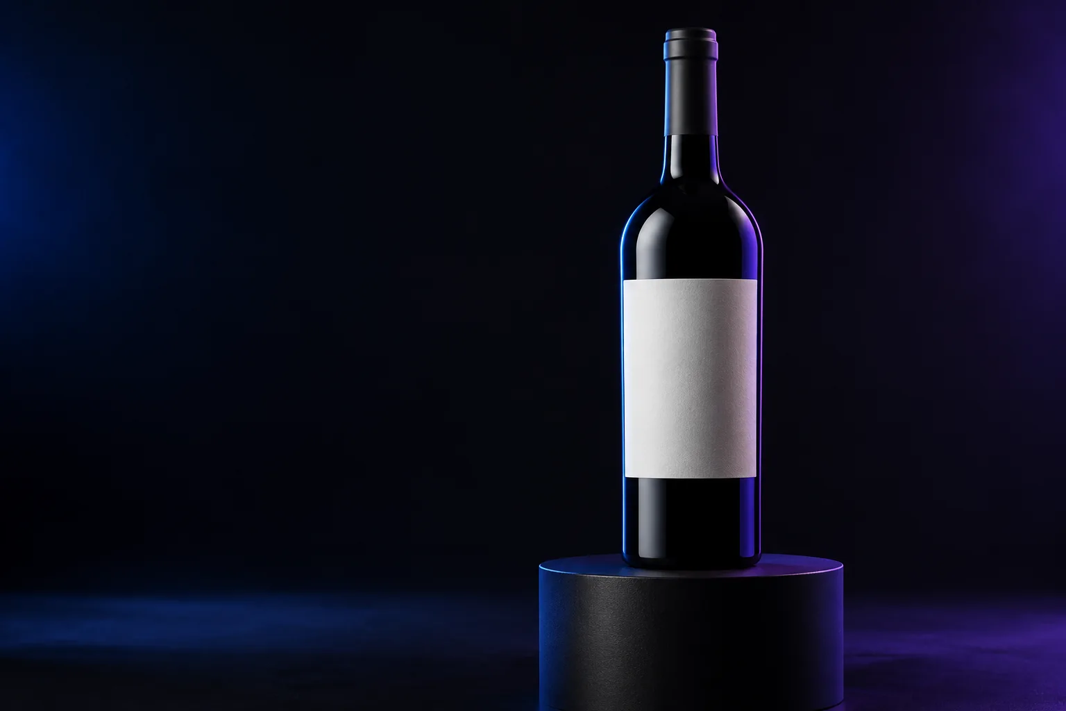 Unbranded wine bottle on a dark studio plinth with cobalt lighting
